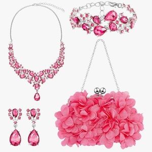 4 Pcs Flower Clutch Rhinestone Jewelry Set Rose Clutch Handbag